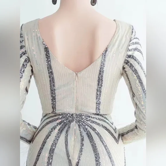 Gray and Cream Backless Embellished Gown with Bishop Sleeves - Picture 5 of 14